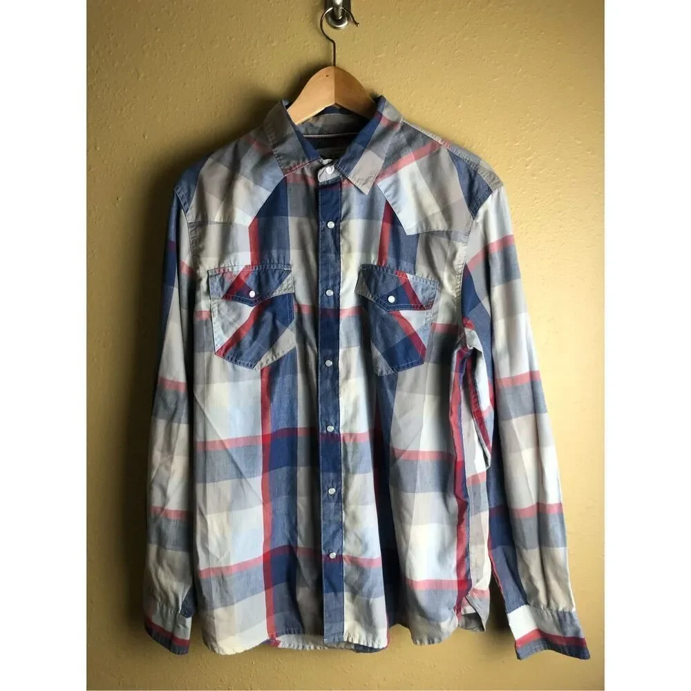 Levi’s Plaid Western Snap Button Shirt Mens Medium Blue Red